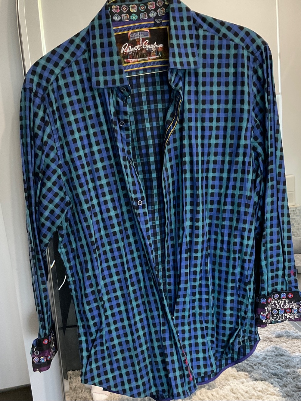 Robert Graham Teal Green & Black Checked Shirt with Multicolor Inner Trim